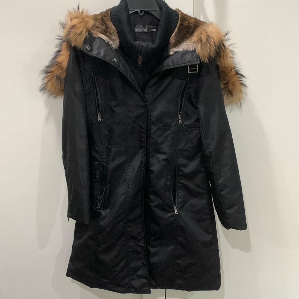 Fur (Rabbit) lined long puffer-like coat with hood. Black. Andrew Marc.